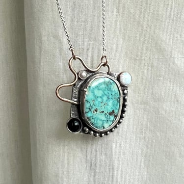 Abstract Kandisnky-esque Turquoise Opal and Onyx and Pearl Handmade Sculptural Pendant 