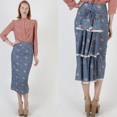 Jessica McClintock Pencil Skirt Vintage 80s Old Fashion Print Womens Saloon Style Gunne Sax Bustle skirt 