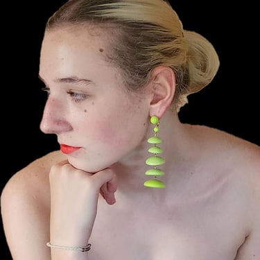 Vintage 60s Go Go Dangle Earrings / Green Clips Oversized 