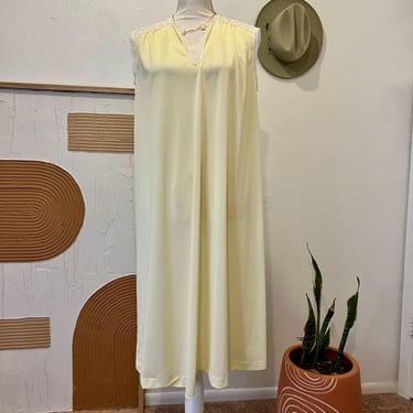 Vintage 90s USA Pale Yellow Lace Trim Semi Sheer Sleeveless Midi Dress Slip 