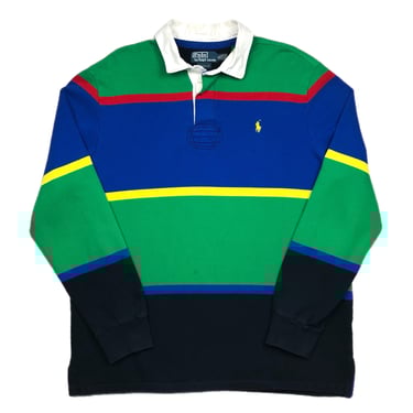 Vintage 90s Polo by Ralph Lauren Rainbow Color Blocked Small Pony Long Sleeve Rugby Shirt Sweatshirt Size XL 
