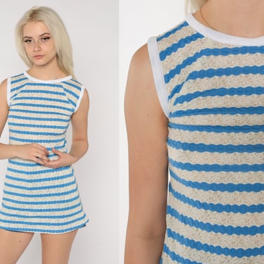 70s Striped Tank Top Mod Blue Sparkly Shirt Sleeveless Blouse Metallic Retro Ringer Tunic Top Boho Hippie Vintage 1970s Extra Small XS 