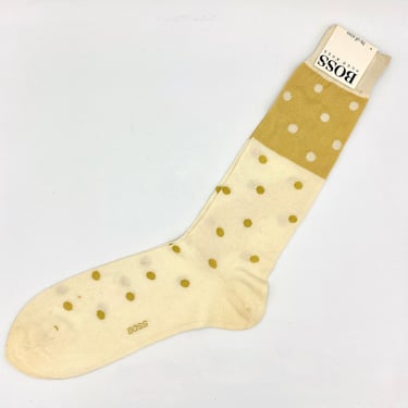 Vintage 1980s Hugo Boss Men's Socks, Ivory and Gold Polka Dot Cotton-Nylon Blend, Deadstock with Store Tags, One Size 