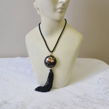 1980s Black Butterfly Cloisonne and Tassel Pendant Necklace 
