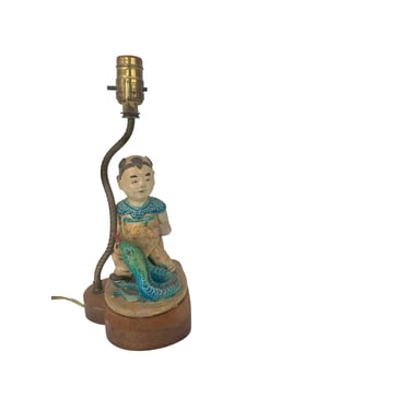 Vintage Asian Ceramic Lamp With Boy and Snake 
