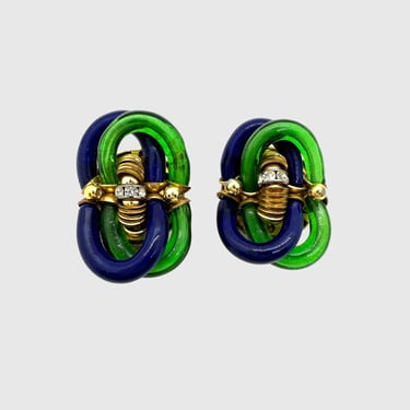 CHANEL Archimede Seguso Vintage 50s Blue & Green Glass Venetian Murano Earrings | 1950s Clip Ons | Italian French Designer Colab Jewelry 