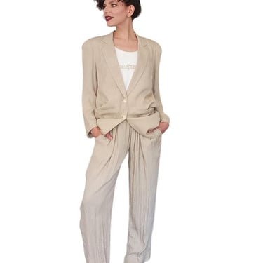 Vintage 80s 90s DONNA KARAN Pant Suit Beige Silk 