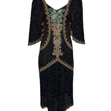 80s Intricately Beaded Black & Gold Silk Holiday Gown w/ Back Sash,  Plus Size