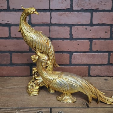 Syroco Pair of Golden Peacock Figurines 