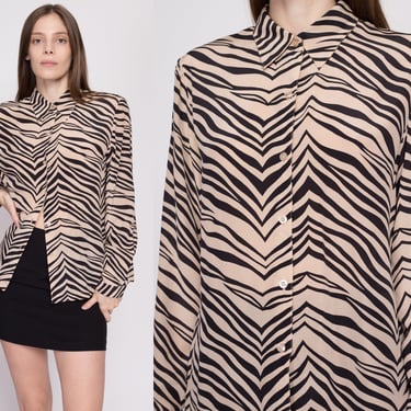 Medium 90s Silk Zebra Stripe Blouse As Is | Vintage Animal Print Long Sleeve Collared Button Up Top 