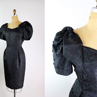 80s Black Puffy Sleeves Cocktail Mini Dress / LBD / Vintage Bow Dress /Size M/L 