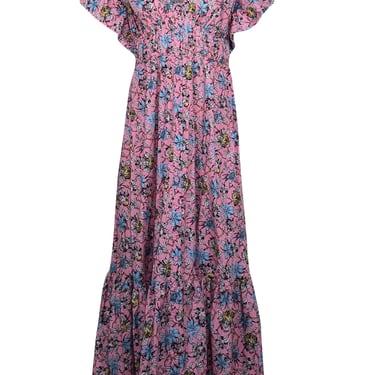 Derek Lam - Pink & Blue Floral Print Poplin Flutter Sleeve Dress Sz 16