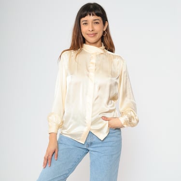 Vintage Cream Satin Blouse 80s Button up Top Long Sleeve Collared Shirt High Mock Neck Preppy Formal Chic Shiny Formal 1980s Small 6 