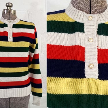 Vintage Striped Long Sleeve Sweater Justin Allen Jumper Stripe Rainbow Button Neck Dopamine Dressing Medium 70s 1970s 