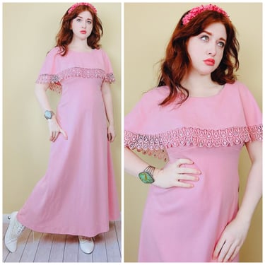 1970s Vintage Miss Rubette Pink Poly Knit Maxi Dress / 70s Seventies Rhinestone Cape Lace Trim Gown / Size Small - Medium 