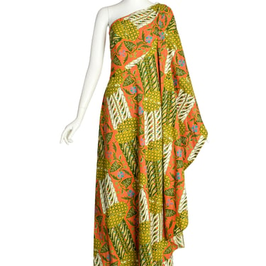 Jay Morley for Fern Violette Vintage Tropical Bohemian Print Cotton One Shoulder Cape Dress