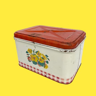 Vintage Bread Box Retro 1960s Mid Century Modern + Metal + Yellow Flowers + Red Check + Rectangular + Kitchen Storage + Farmhouse Decor + 
