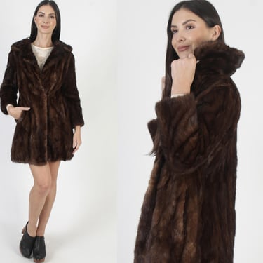 Mid Length Brown Mink Coat, Real Fur Back Collar, Vintage 80s Winter Jacket, Womens Princess Fit 