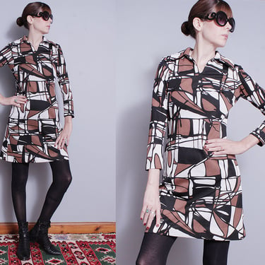 Vintage 1960's | Black and White | Mid Century | MCM | Geometric Patten | Mod |  Mini | Dress | S 
