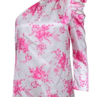 Les Reveries - White w/ Pink Floral Print One Shoulder Sleeve Top Sz 2