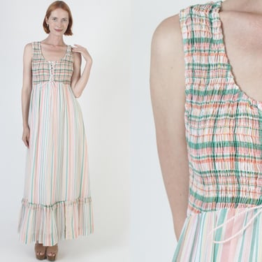 Jody T Smocked Cottagecore Corset Dress, Vintage 70s Pastel Striped Sundress, Womens Boho Wedding Maxi Dress 