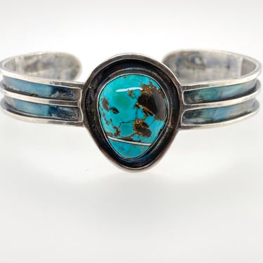 Vintage Artisan Turquoise Sterling Silver Inlay Cuff Bracelet Handmade Signed 