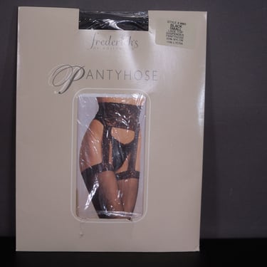 90s Fredrick's of Hollywood Black Lace Top Suspender Pantyhose.  Small 