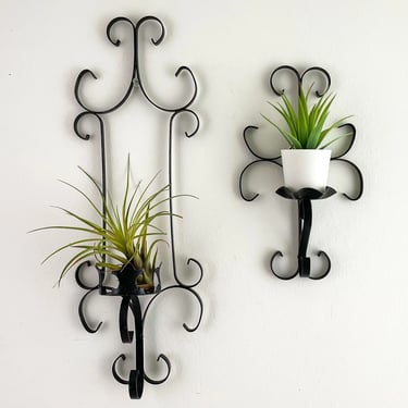 Pair of Vintage Wrought Iron Wall Sconces, Black Metal Wall Mount Candle Holders, Wall Plant Holder 