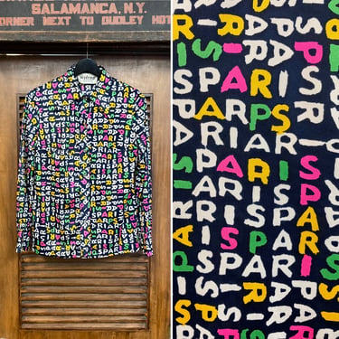 Vintage 1960’s “Paris” Glam Mod Pop Art Disco Slinky Fabric Blouse Shirt Top, 60’s Vintage Clothing 