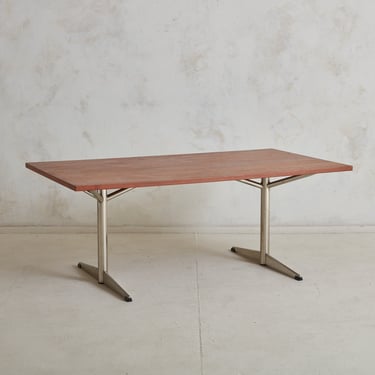 Arne Jacobsen Style Rectangular Chrome + Wood Coffee Table, Denmark Mid 20th Century