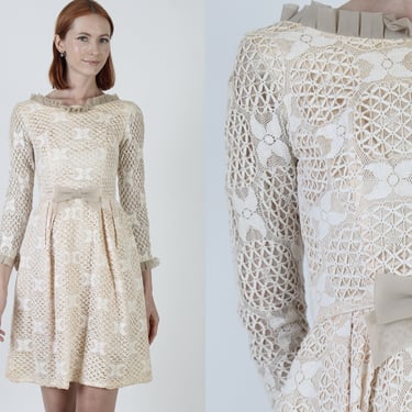 Cream Crochet Lace Mod Mini Dress, Cut Out Eyelet Sexy Mod Frock, Vintage 60s Classic Bridesmaids Short Outfit 