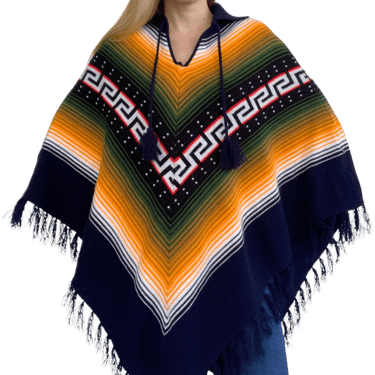 70s Dark Blue Chevron Striped Fringed Long Poncho