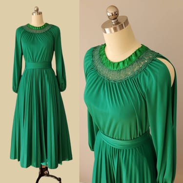 1970s Maxi Dress with Open Sleeves and Crocheted Neckline 70's Prom Dress 70s Disco Dress - Women's Vintage Size Large 