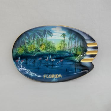 60s Florida Ashtray - Flamingoes, Palm Trees Serene Scene - Blue Green Pink Gold - Made in Japan - Oval MCM Shape - 10" long 