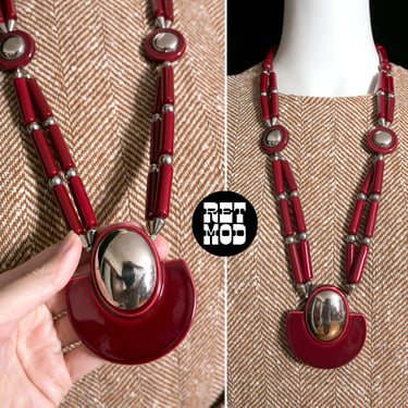 Fabulous Vintage 70s Space Age Maroon Silver Ceramic Statement Necklace 