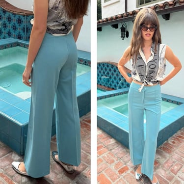 70s Sky Blue High Waist Slacks Pants by Sears -hugs curves S M 