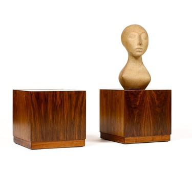 Mid Century Vintage Walnut Square Cube Pedestal End Tables — Milo Baughman Attributed — Pair 