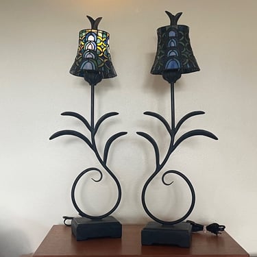Vintage 80s Art Nouveau Inspired Metal + Stained Glass Accent Lamps 