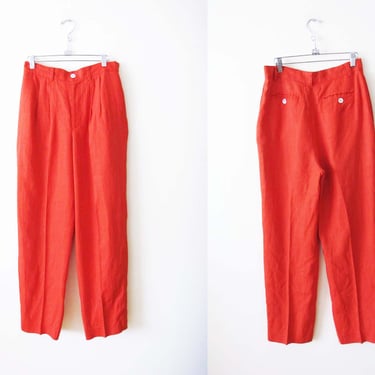Vintage 90s Tomato Red Womens Linen Pants 29 - High Waist 1990s Pleated Natural Fiber Trousers - Memphis Design Artsy Style 