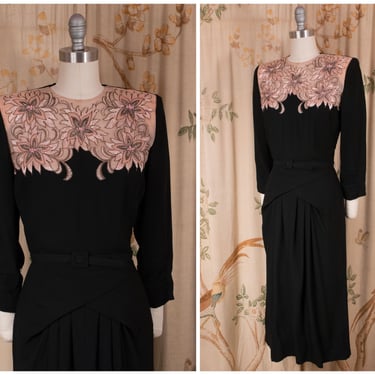 1940s Dress - Sultry Vintage 40s I.Magnin Cocktail Dress with Nude Illusion Yoke and Draped Skirt 