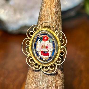 Vintage Mosaic Ring Micro Tiny Floral Design Handmade Hand Crafted Retro Jewelry 