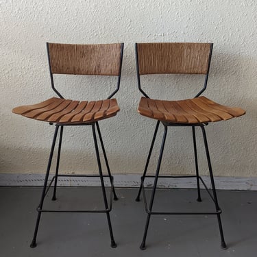 Vintage Modern Arthur Umanoff Slat Seat Rush Back Counter Height Bar Stools - Set of 2 