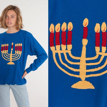 Hanukkah Sweatshirt 90s Chanukah Sweater Hanukkiah Menorah Graphic Shirt Knit Embroidered Jewish Holiday Blue Raglan Sleeve Vintage 1990s XL 