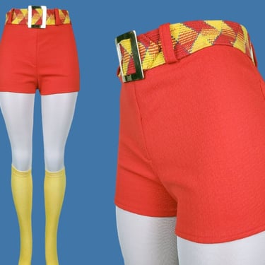 1960s mod hot pants with colorful argyle style elastic waistband & big gold buckle. Tangerine/red yellow blue. (29+ waist) 