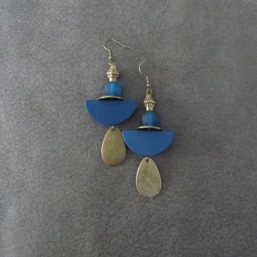 Bold blue wooden earrings 