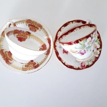 Vintage Tea Cups and Saucers, Pair of Mix and Match Red vintage Teacup Sets 