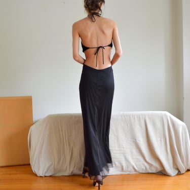 backless cut out slinky mesh y2k maxi black dress 