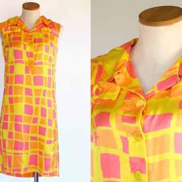 1960s Silk Pique Shannon Rogers for Jerry Silverman Shift Dress - Vintage 60s Fluorescent  Abstract Check Collared Dress - Medium 