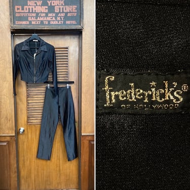 Vintage 1960’s Jet Black Fredericks of Hollywood Glam Mod Outfit Set RnR Jacket Hot Pants, Jacket & Pants, 1960’s, 2 Piece, Matching Set, 