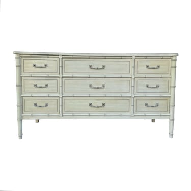 Faux Bamboo Dresser by Henry Link Bali Hai 60" Long - 1970s Vintage Creamy White Hollywood Regency Coastal Chinoiserie Credenza 9 Drawers 